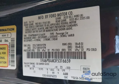 2015 Ford Mustang V6 from USA, damaged, VIN 1FA6P8AM3F5316659